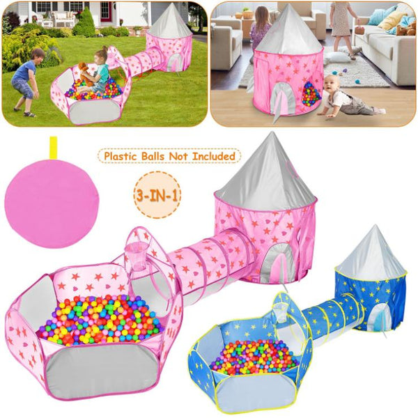 3 In 1 Child Crawl Tunnel Tent Kids Play Ball Pit Set Foldable Play House Pop-up