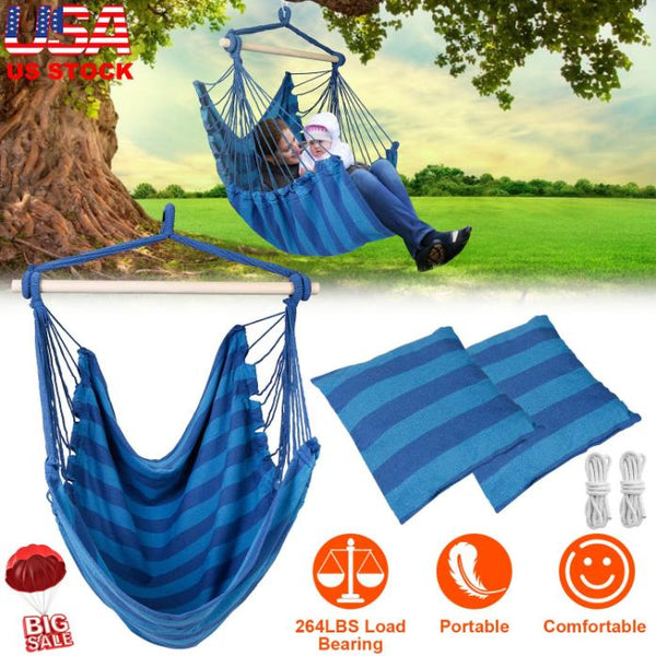 Hammock Hanging Chair Canvas Porch Patio Swing Seat Portable Camping Rope Seat Wooden Stick Hammock Chair w/ 2Pillows 265LBS Load-bearing