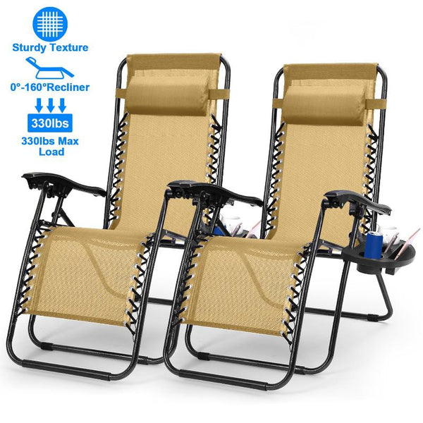 2 Pack Zero Gravity Lounge Chair w/ Dual Side Tray 330lbs Load Foldable Recliner Chair w/ Stress Relief Pillow Patio Poolside Beach Lying Chair