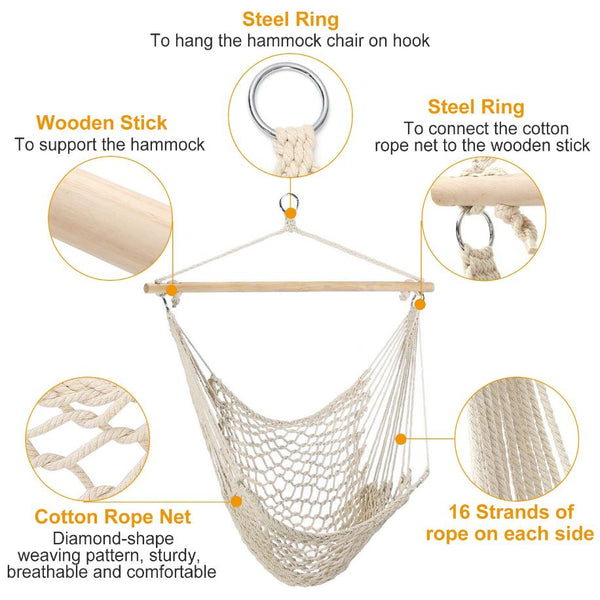 Hammock Chair Hanging Rope Seat Swing w/ Wooden Stick 220lbs Load for Patio Porch