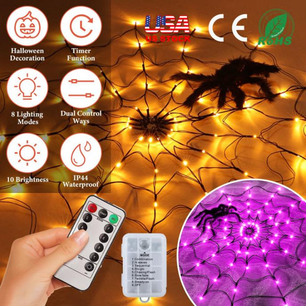 3 FT Spider Web Light Hairy Spider LED Battery Powered Remote Control 8 Lighting Modes