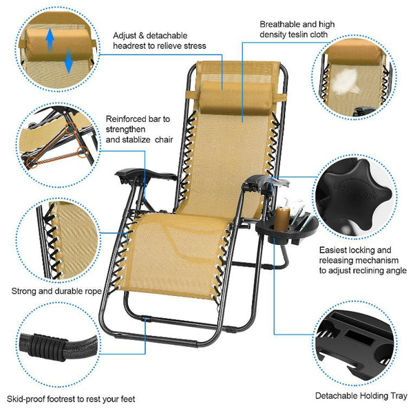 2 Pack Zero Gravity Lounge Chair w/ Dual Side Tray 330lbs Load Foldable Recliner Chair w/ Stress Relief Pillow Patio Poolside Beach Lying Chair