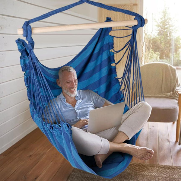 Hammock Hanging Chair Canvas Porch Patio Swing Seat Portable Camping Rope Seat Wooden Stick Hammock Chair w/ 2Pillows 265LBS Load-bearing