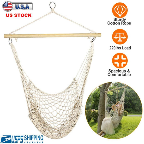 Hammock Chair Hanging Rope Seat Swing w/ Wooden Stick 220lbs Load for Patio Porch