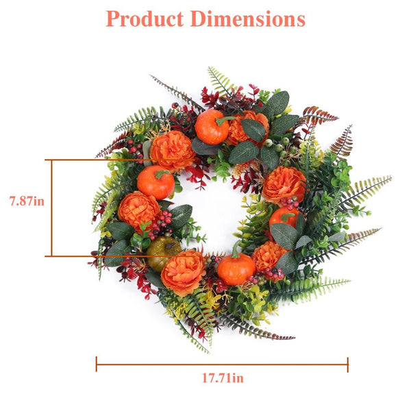 Fall Decoration Autumn Wreath with Pumpkin Mixed Leaves Berries Flowers Halloween Thanksgiving