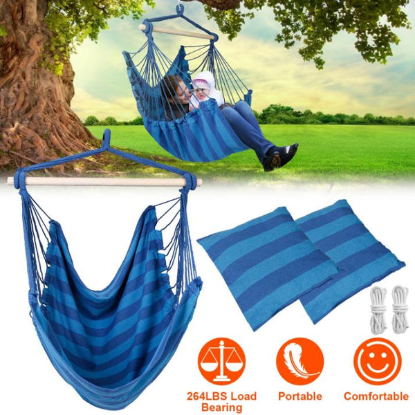 Hammock Hanging Chair Canvas Porch Patio Swing Seat Portable Camping Rope Seat Wooden Stick Hammock Chair w/ 2Pillows 265LBS Load-bearing