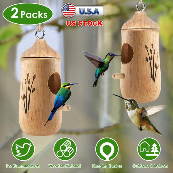 2 Pack Wooden Hanging Humming Bird Houses for Outside Bird Nest Feeder Patio Garden