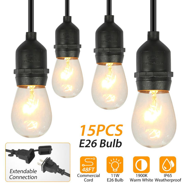 48FT Outdoor String Lights Waterproof Patio Bulbs Commercial Yard Lights Garden Warm