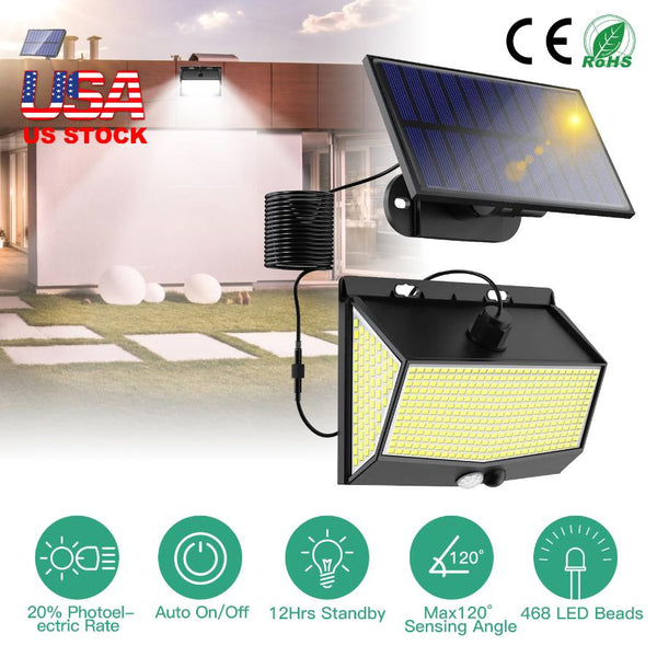 Solar Powered Wall Lights Motion Sensor Outdoor Lamps Separate Solar Panel 468 LED