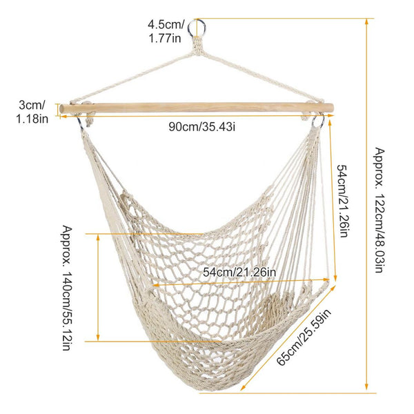 Hammock Chair Hanging Rope Seat Swing w/ Wooden Stick 220lbs Load for Patio Porch