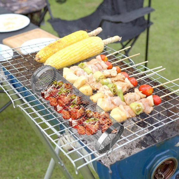 2 Pack BBQ Grill Mesh Rolling Baskets Cylinder Stainless Steel Barbecue Net Tube