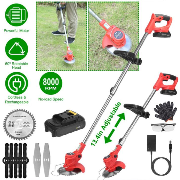 Electric Cordless Grass Trimmer Rechargeable Lawn Mower Weed Cutter with Alloy Saw Blade 2 Alloy Blades 5 Plastic Blades 2 Rechargeable Batteries Gogg