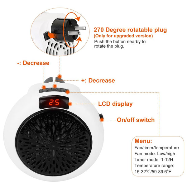 900W Portable Heater Fan Wall Outlet Space Heater Plug-in Adjustable Temp Auto Shut-Off