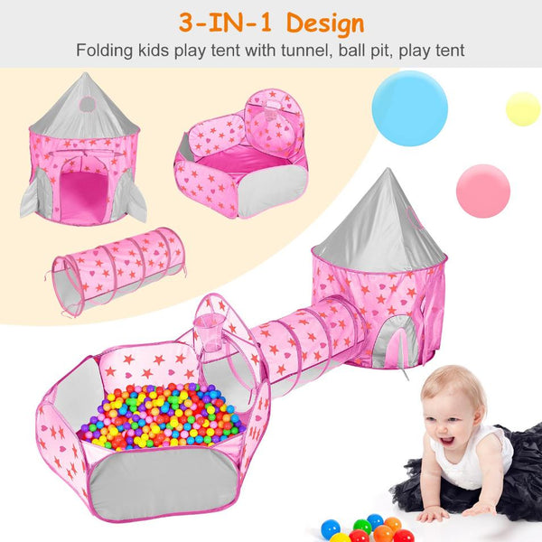 3 In 1 Child Crawl Tunnel Tent Kids Play Ball Pit Set Foldable Play House Pop-up