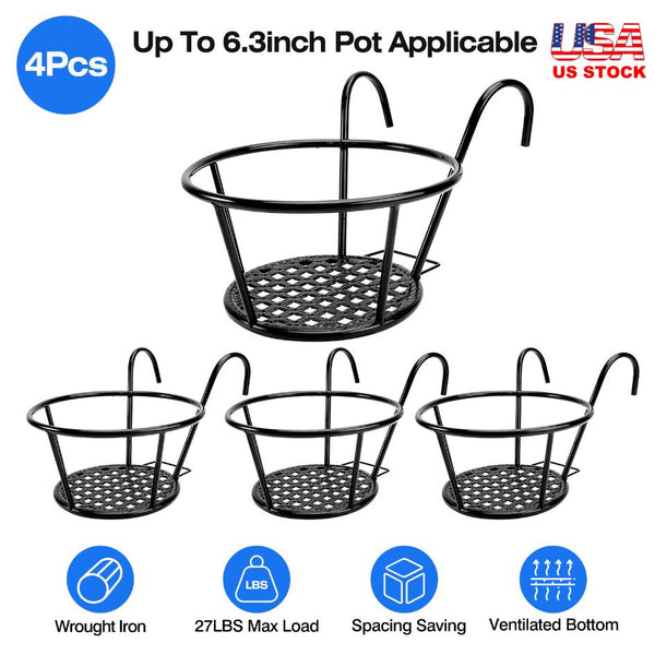 4Pcs Round Hanging Railing Planters Wrought Iron Flower Pot Holder Over The Rail Fence Plant Stand Basket 27LBS Load for Patio Balcony Porch Fence