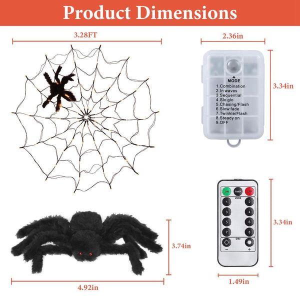 3 FT Spider Web Light Hairy Spider LED Battery Powered Remote Control 8 Lighting Modes
