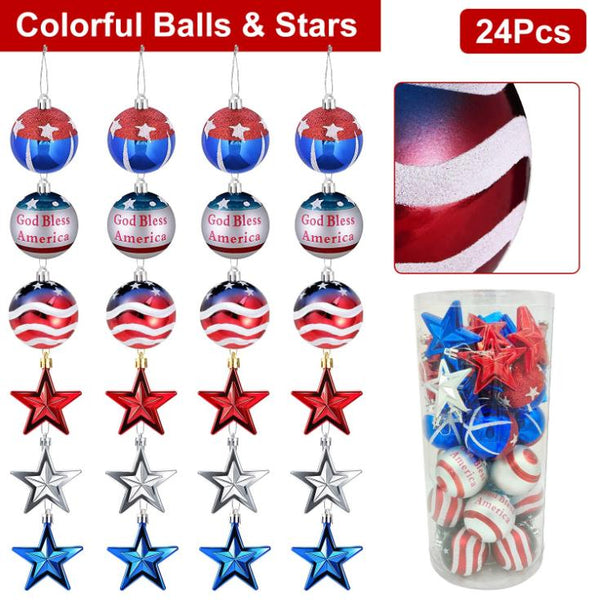24Pc Set USA Hanging Ball Ornaments Star Patriotic Party Decor Independence Day 4th of July Red White Blue