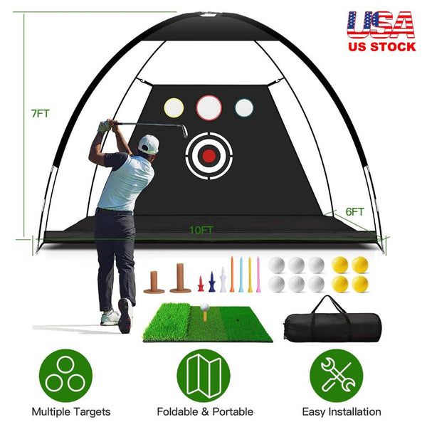 10x7FT Golf Practice Net Golf Training Aids Driving Hitting Nets Turf Golf Mat Target Cloth