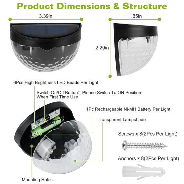 4Pcs Solar Fence Half Dome Lights Outdoor Dusk To Dawn Sensors Deck Wall Lamps