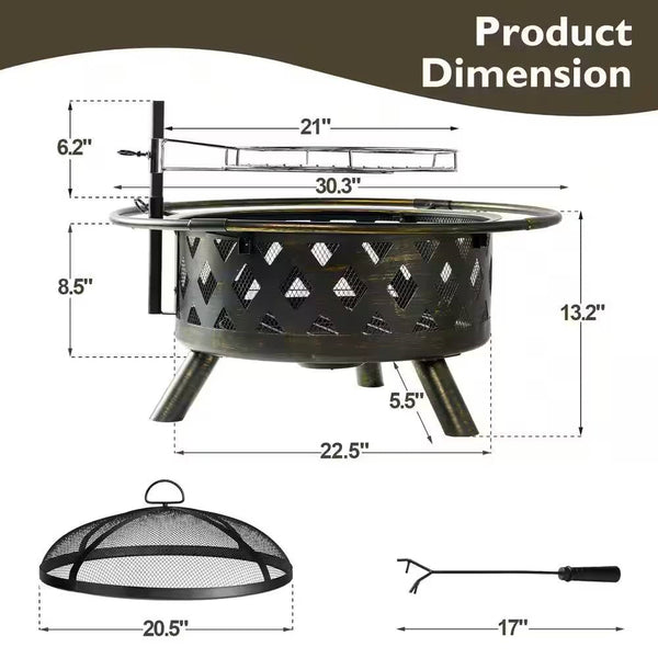30-inch Fire Pit Grill Wood Burning Outdoor Heavy Duty Steel