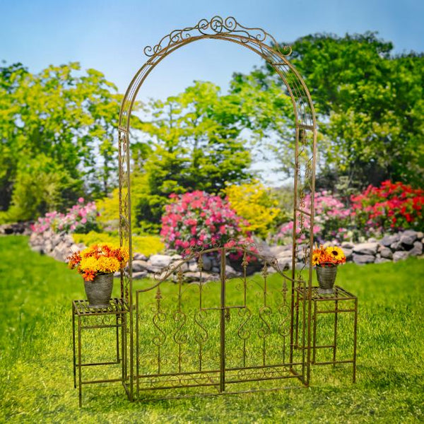 96" Tall Garden Gate Archway with 2 Side Plant Stands "Genevieve"