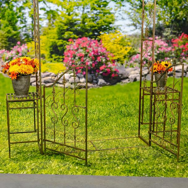 96" Tall Garden Gate Archway with 2 Side Plant Stands "Genevieve"