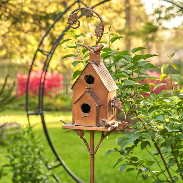 Two-Tier Classic Home Copper Birdhouse Stake "Lansdale" 75" Tall