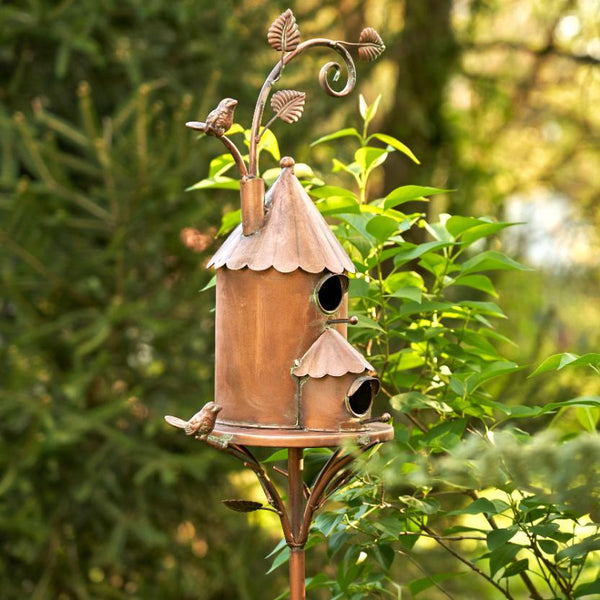 Two-Story Farmhouse Silo Copper Birdhouse Stake "Lancaster" 75" Tall