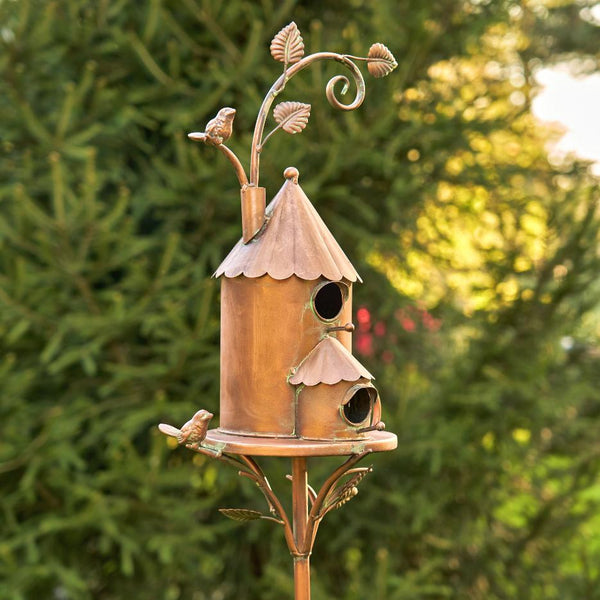 Two-Story Farmhouse Silo Copper Birdhouse Stake "Lancaster" 75" Tall