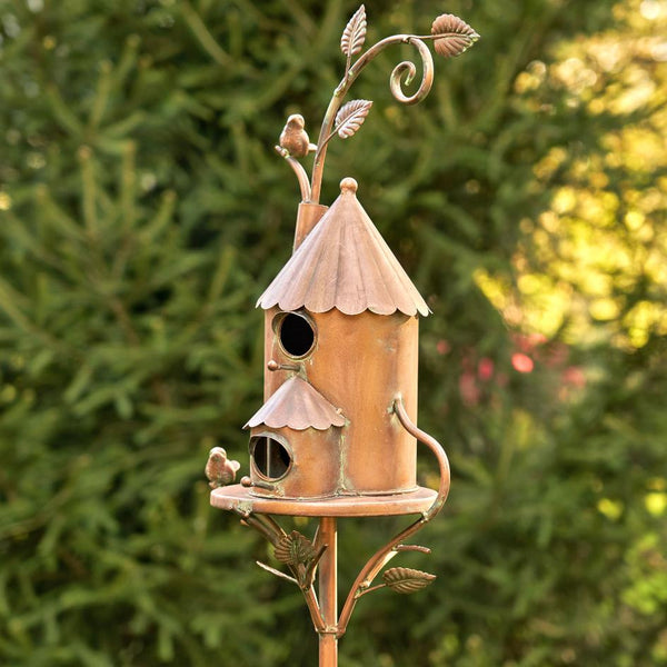 Two-Story Farmhouse Silo Copper Birdhouse Stake "Lancaster" 75" Tall