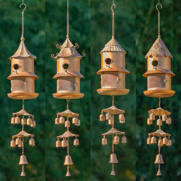 Set of 4 Assorted Hanging Birdhouse Feeder Wind Chimes "Homestead Collection"