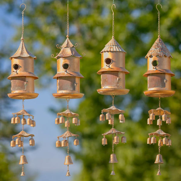 Set of 4 Assorted Hanging Birdhouse Feeder Wind Chimes "Homestead Collection"