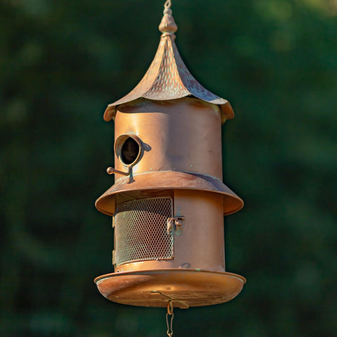 Hanging Iron Birdhouse & Feeder with Wind Chimes "Hideaway"