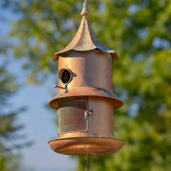 Hanging Iron Birdhouse & Feeder with Wind Chimes "Hideaway"