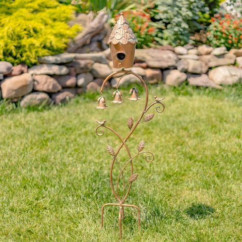 Elegant Iron Birdhouse Stake with 3 Angel Trumpet Bells 45" Tall