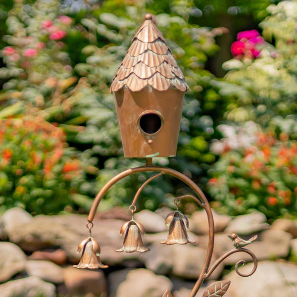Elegant Iron Birdhouse Stake with 3 Angel Trumpet Bells 45" Tall