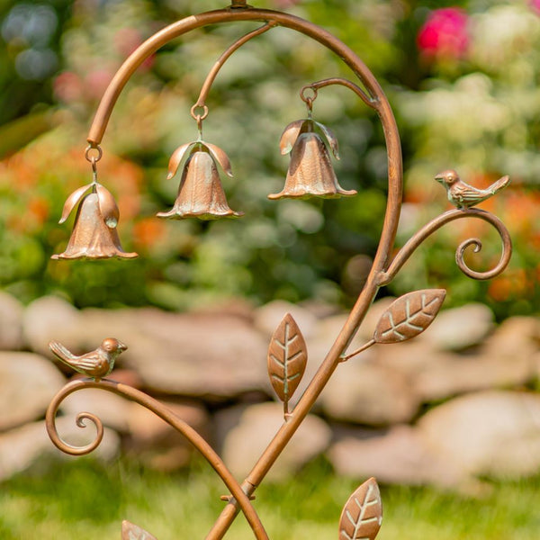 Elegant Iron Birdhouse Stake with 3 Angel Trumpet Bells 45" Tall