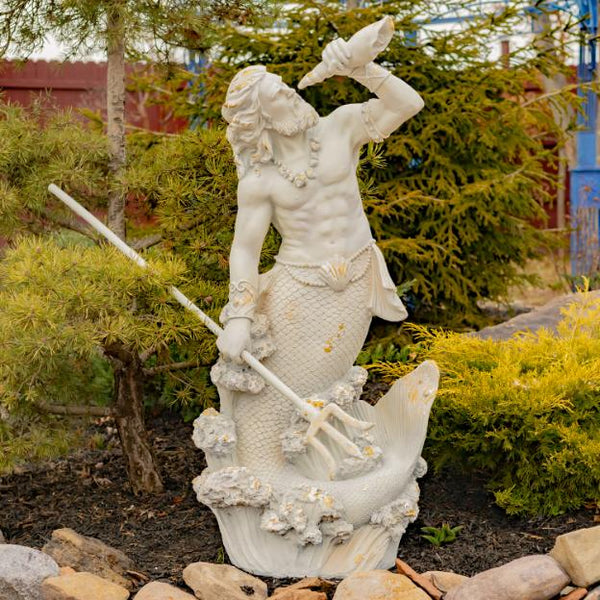 Magnesium Merman Garden Statue with Seashell Spyglass "Peter" 52" Tall