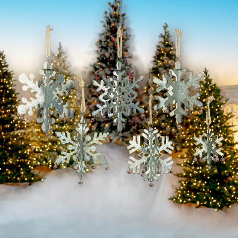 Folding Snowflakes with Bells (Set of 6) Hanging Galvanized Metal