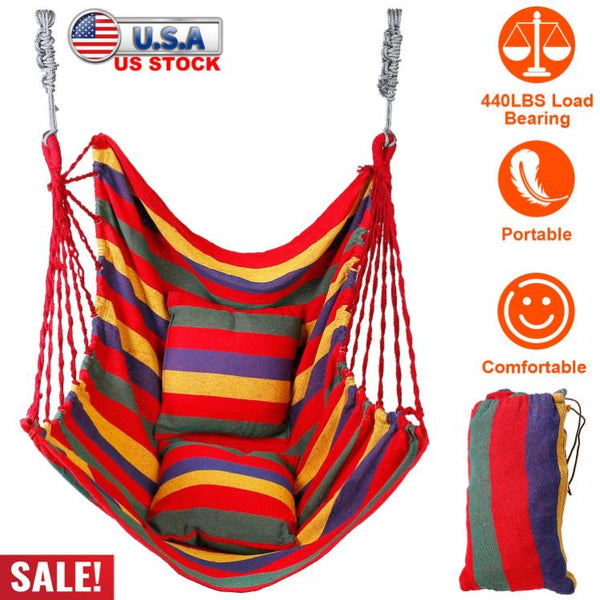 Hammock Hanging Chair Canvas Porch Patio Swing Seat Portable Camping Rope Seat w/ 2Pillows440LBS Limit