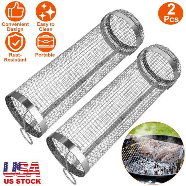 2 Pack BBQ Grill Mesh Rolling Baskets Cylinder Stainless Steel Barbecue Net Tube