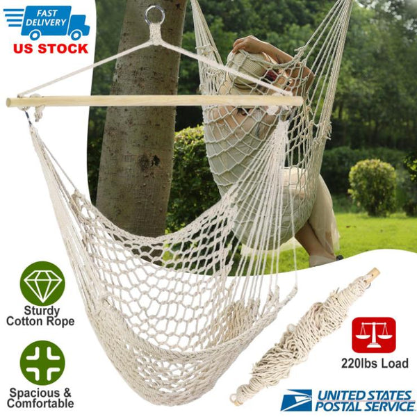 Hammock Chair Hanging Rope Seat Swing w/ Wooden Stick 220lbs Load for Patio Porch