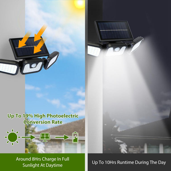 Solar Wall Lamp 74 LEDs 3 Adjustable Head Motion Sensor Flood Lights