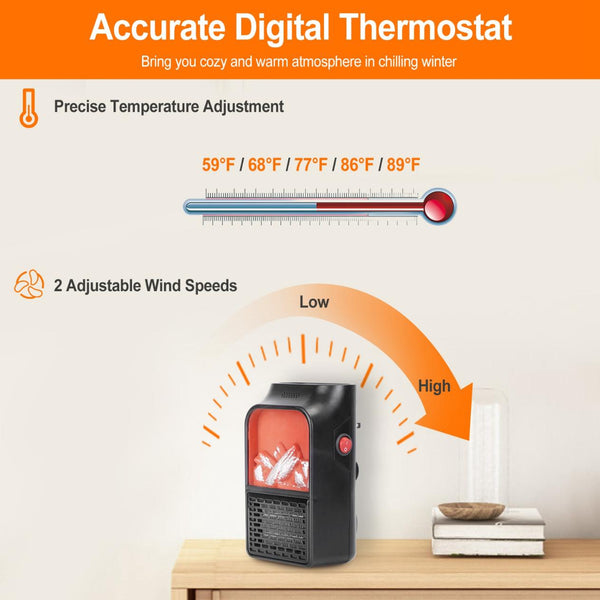 800W Plug-In Space Heater Wall Outlet Heater Rotatable Adjustable Temp