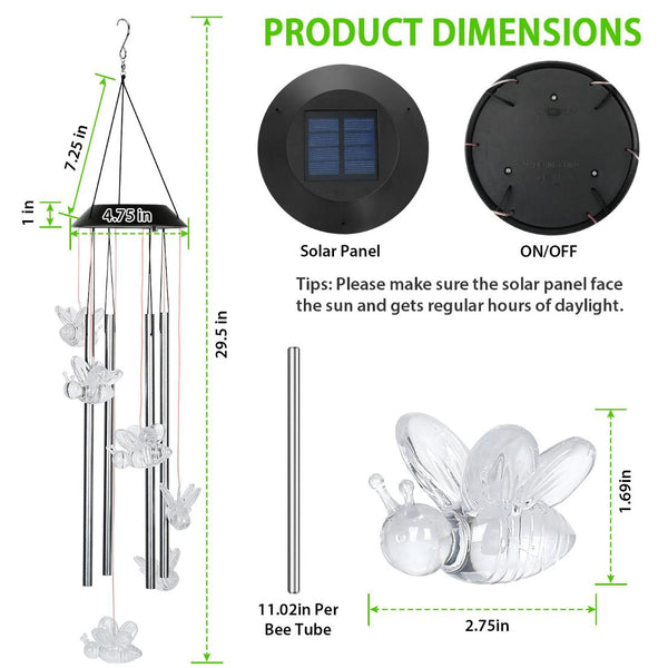 Solar Wind Chime Lights Bee Decorative Lamp 7 Color Changing Hanging String Lights