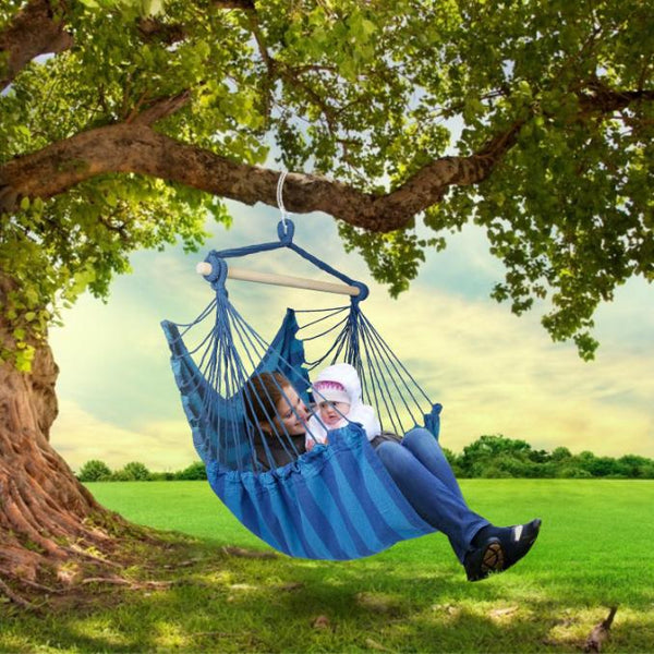 Hammock Hanging Chair Canvas Porch Patio Swing Seat Portable Camping Rope Seat Wooden Stick Hammock Chair w/ 2Pillows 265LBS Load-bearing