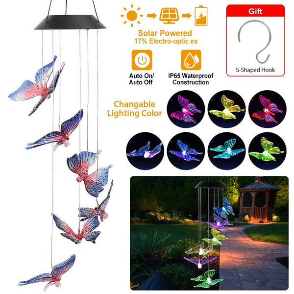 Solar LED Butterfly Wind Chimes Color Changing String Light Patio Garden Decor