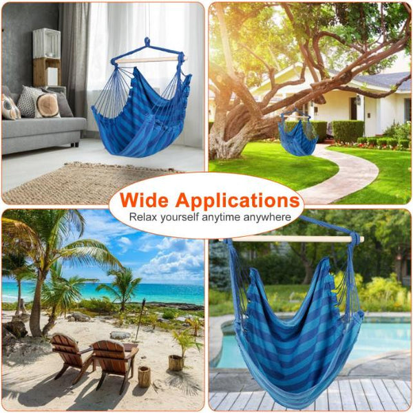 Hammock Hanging Chair Canvas Porch Patio Swing Seat Portable Camping Rope Seat Wooden Stick Hammock Chair w/ 2Pillows 265LBS Load-bearing