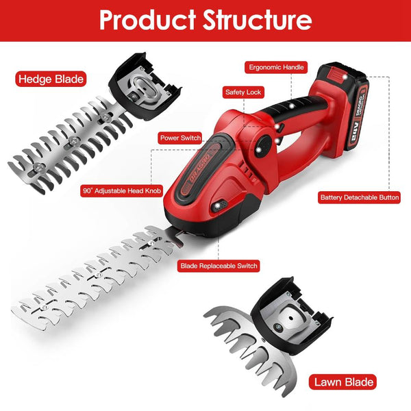 24V Cordless Handheld Grass Shear Hedge Trimmer with 90° Cutting Angle 2Pcs Replaceable Blades Electric Shrub Trimmer Hedge Cutter with Detachable Bat
