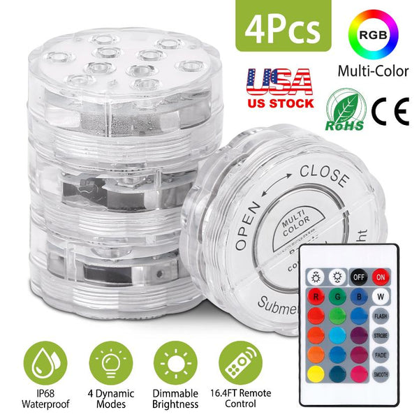 4Pcs Submersible RGB LED Lights Waterproof Underwater Color Changing Remote Control
